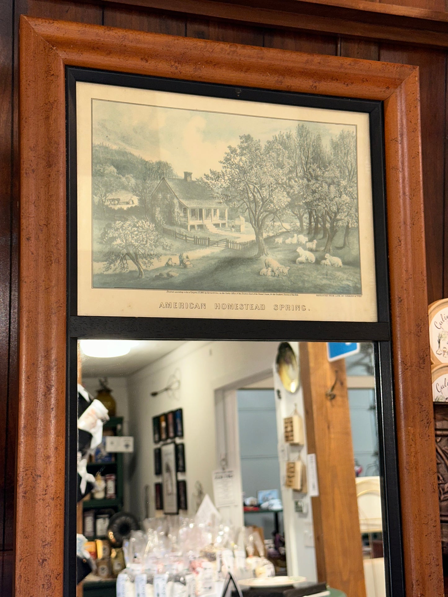 Decorative vintage mirror featuring American Homestead Spring print