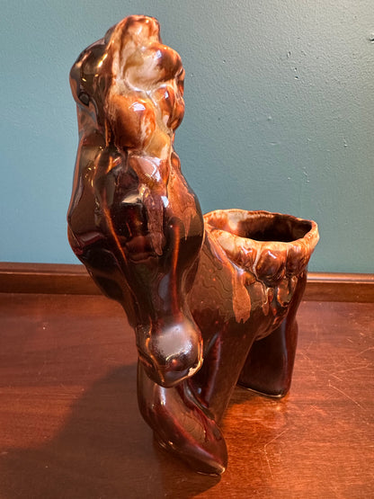 Front view of vintage brown glazed ceramic donkey/burro planter.