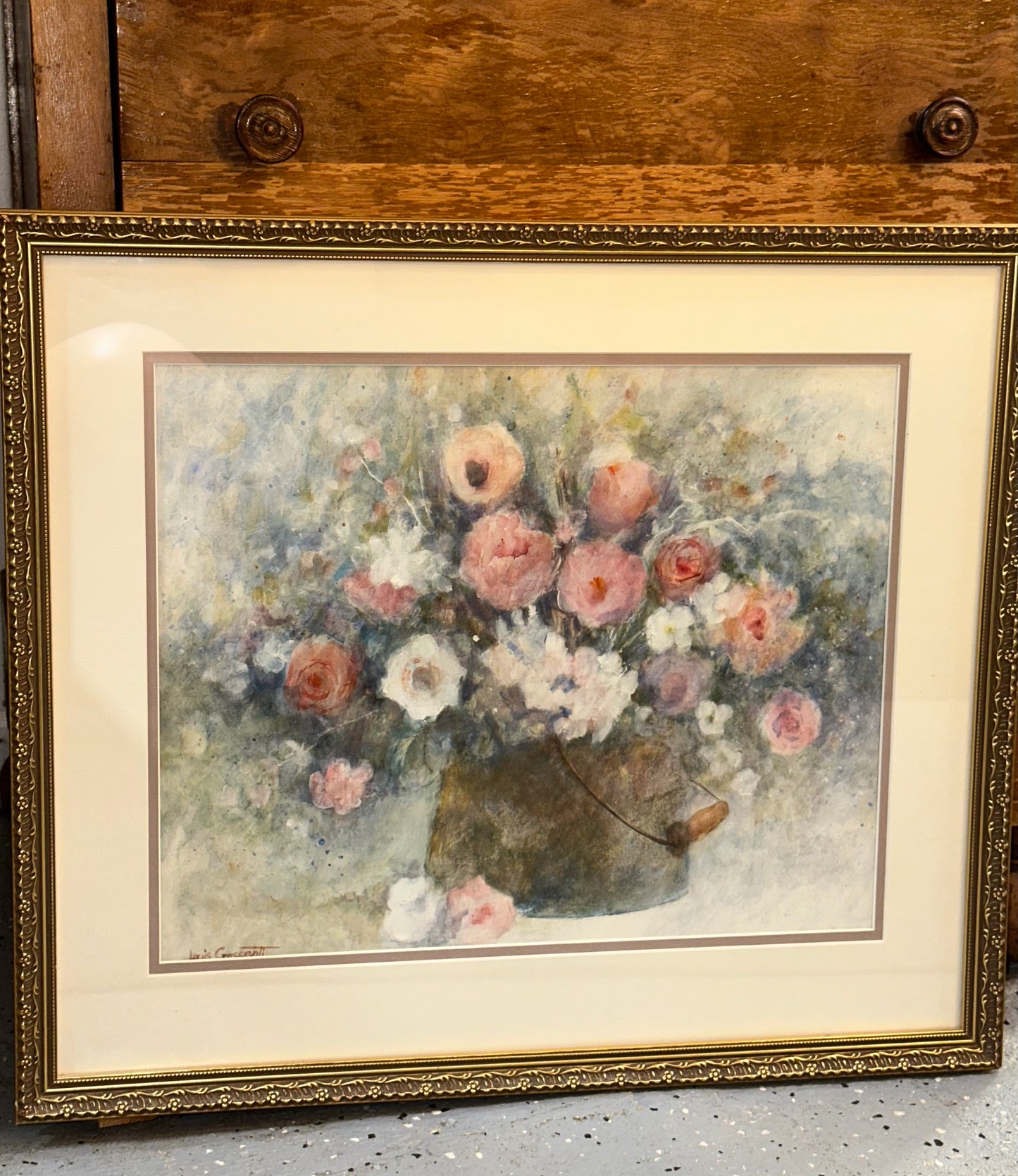 Signed Louis Crescenzi floral painting in ornate gold frame