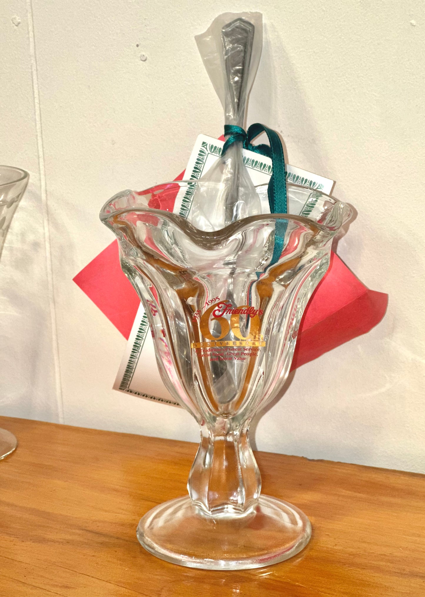 Vintage Friendly’s glass sundae dish with teal ribbon and anniversary card