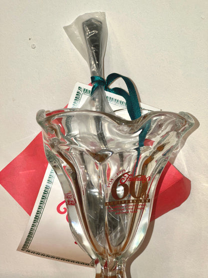 Close-up of Friendly’s 60th anniversary 1935–1995 logo on glass dish