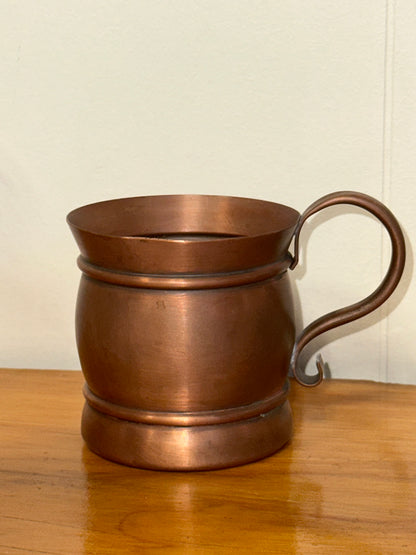 Vintage solid copper tankard mug with rolled rim and rustic curled handle