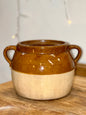 Mustard brown and cream stoneware bean pot