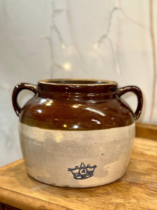 Large two-handle stoneware bean pot with burgundy glaze and cream base