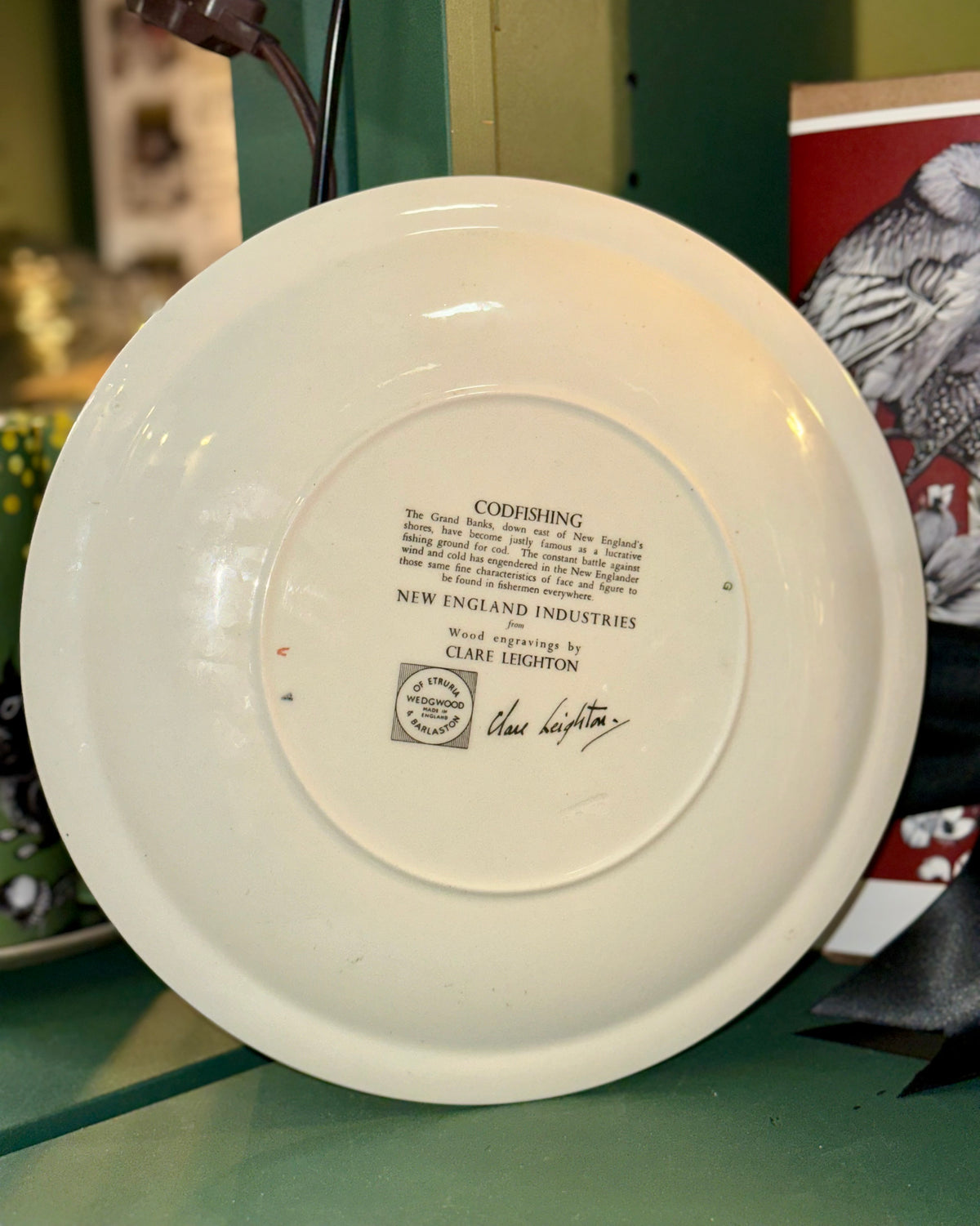 Back of vintage Wedgwood Codfishing plate with Clare Leighton signature and New England Industries mark