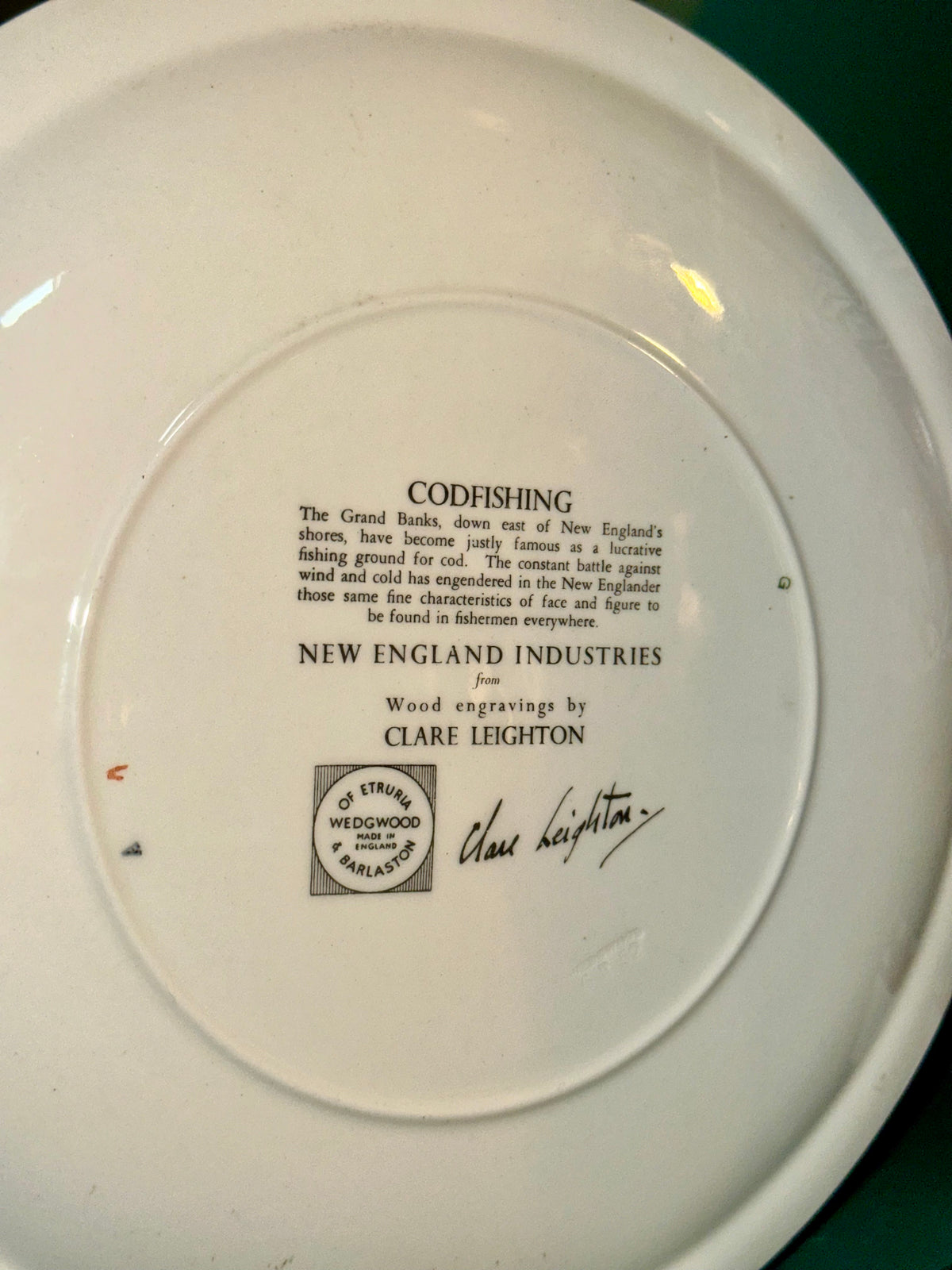 Back of vintage Wedgwood Codfishing plate close-up