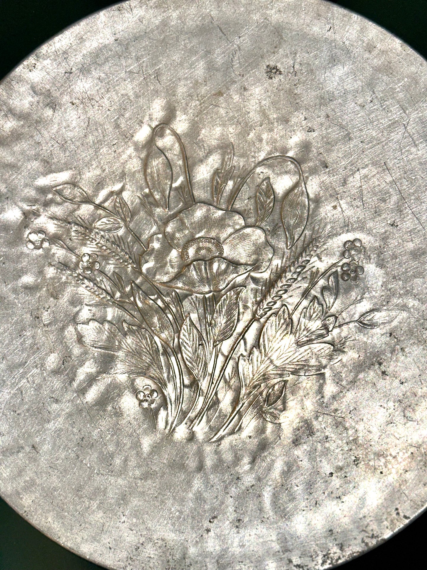 Front of vintage Arthur Court aluminum tray with floral wheat motif