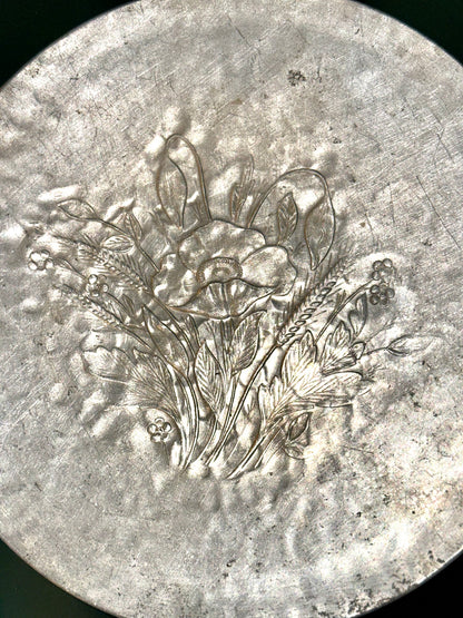 Front of vintage Arthur Court aluminum tray with floral wheat motif