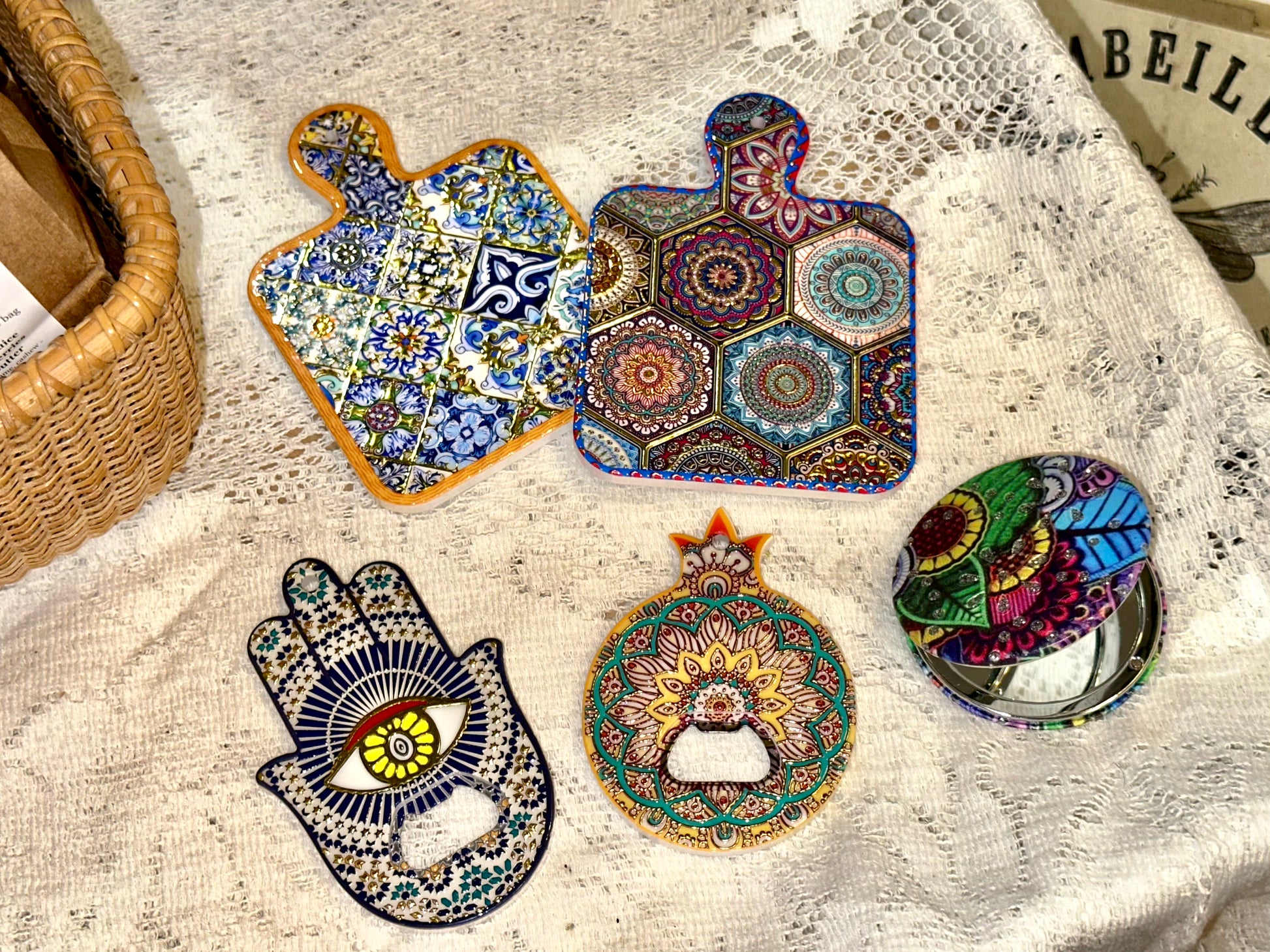 Close-up of colorful mosaic mini home decor collection