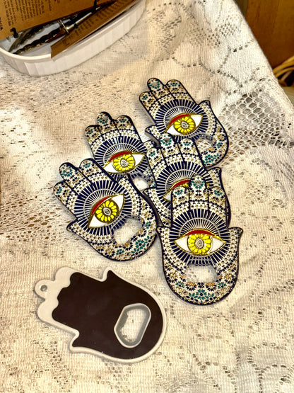 Hamsa hand mosaic bottle opener magnet with colorful eye design