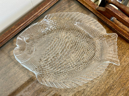 Clear glass fish dish with detailed scale pattern 10.5 inch