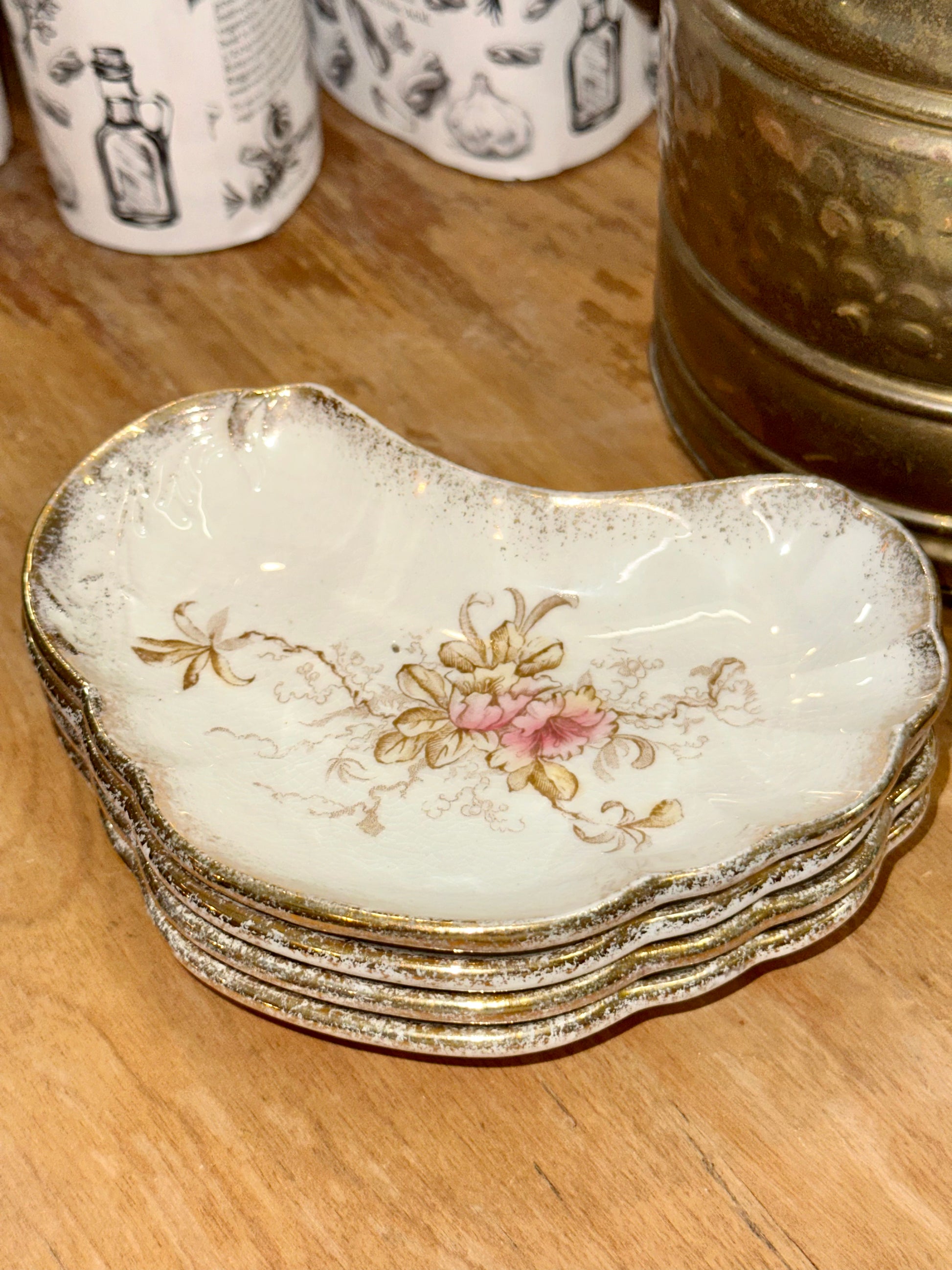 Antique pink floral bone dish