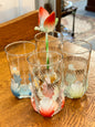 Vintage set of four floral glasses with metal holder and flower centerpiece