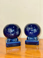 Vintage blue ceramic candle holder with white snowflake design