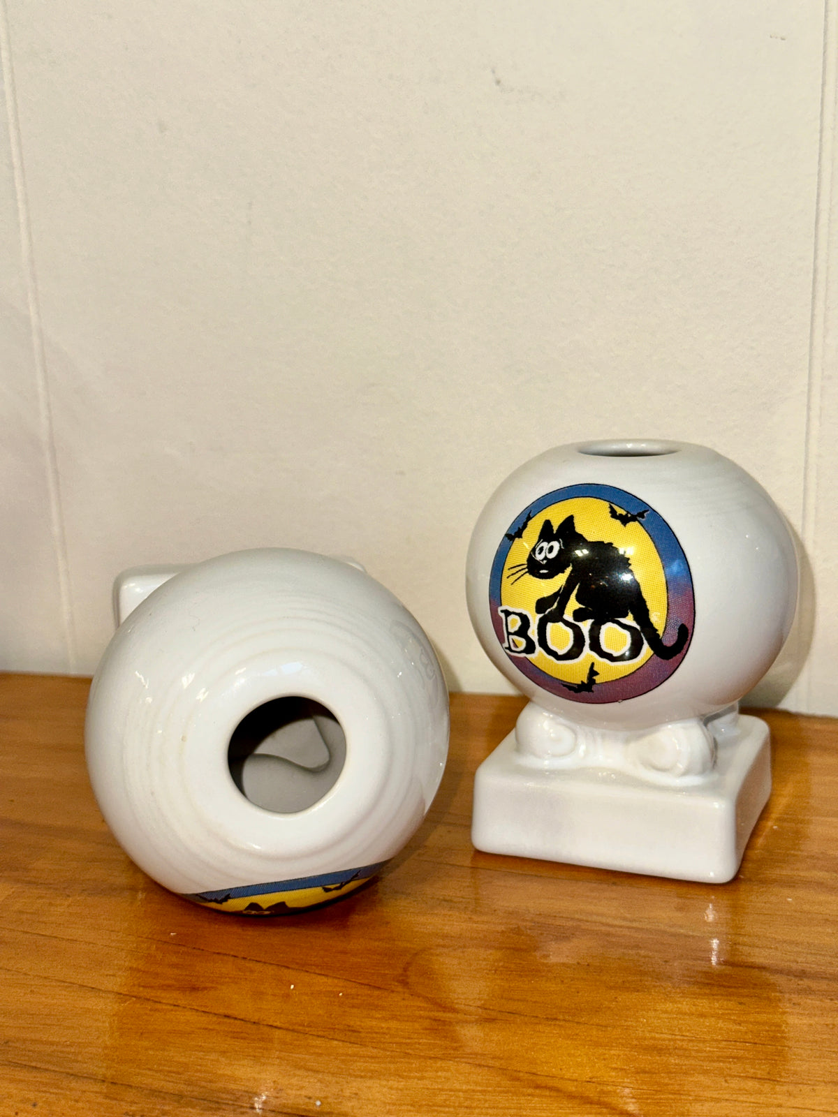 Pair of white ceramic BOO cat Halloween candle holders