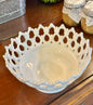 Vintage white milk glass decorative tray with open lace border