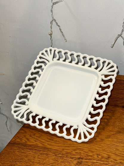 White vintage glass tray for cottagecore and vintage home decor