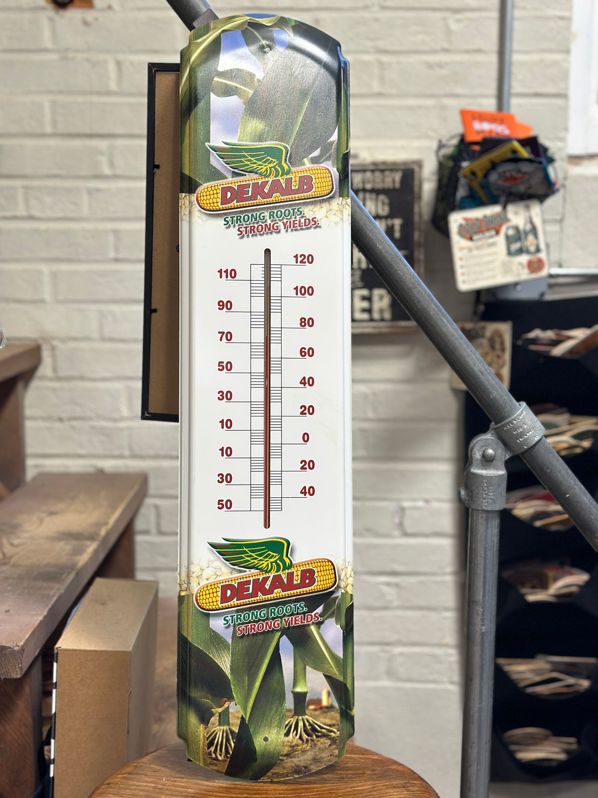 Vintage DeKalb Seed Corn 30-inch metal advertising thermometer showing the winged corn logo and Strong Roots Strong Yields graphics.