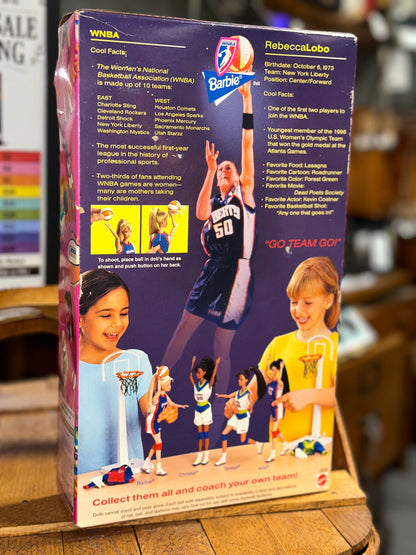 Close-up of the back and side of the 1998 Mattel WNBA Barbie box 
