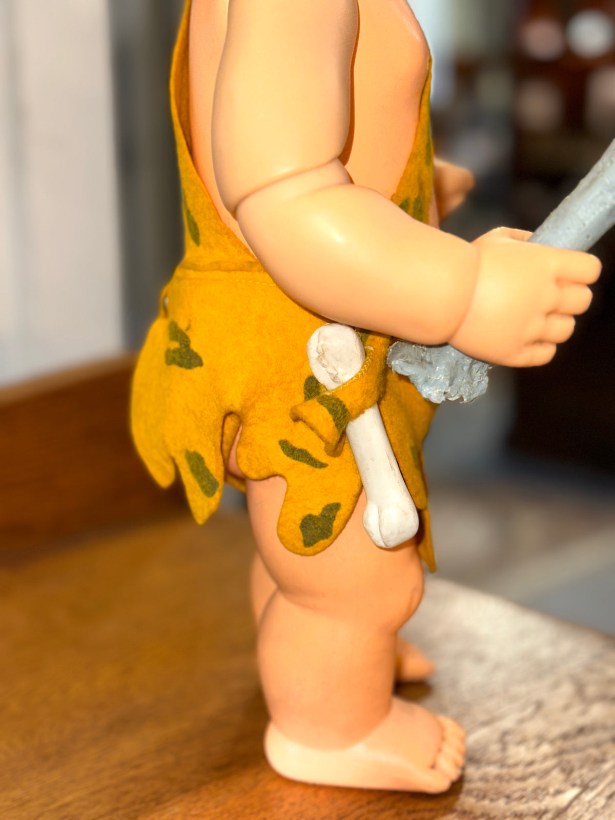 Vintage Bamm-Bamm doll original yellow felt hat and animal print outfit