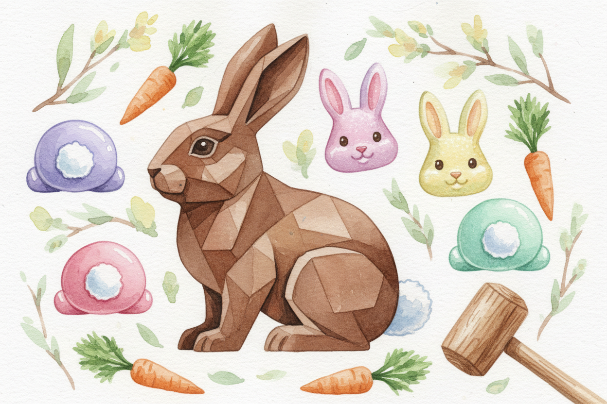 Illustration of a rabbit, carrots, and mallet 
