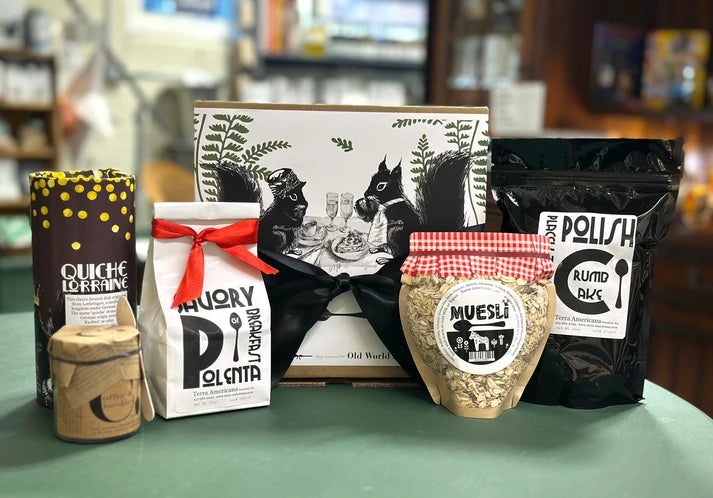 Old World Brunch  
Box $55 includes
Polish Crumb Cake  
Savory Breakfast Polenta  Quiche Lorraine Kit Scandinavian Muesli  
Coffee & Chocolate Spice 