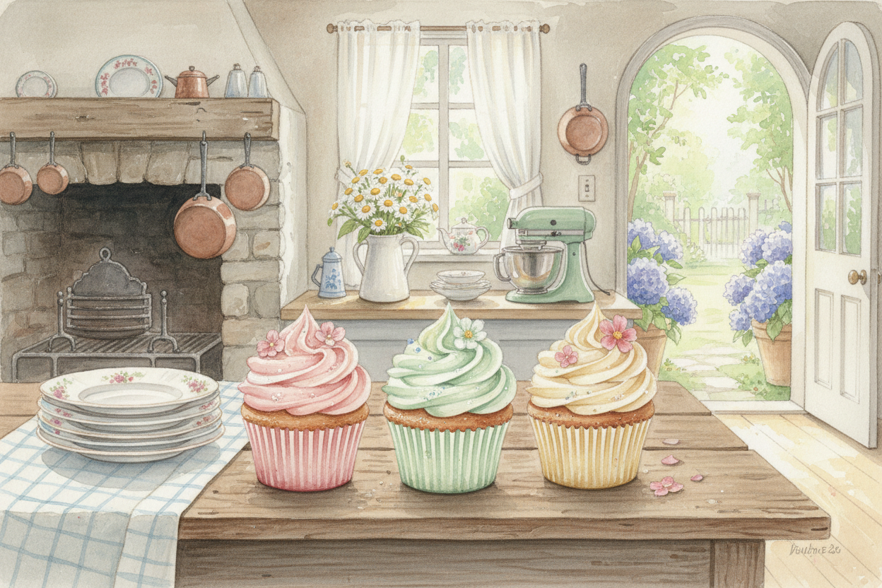 watercolor cupcakes with buttercream frosting in a country kitchen