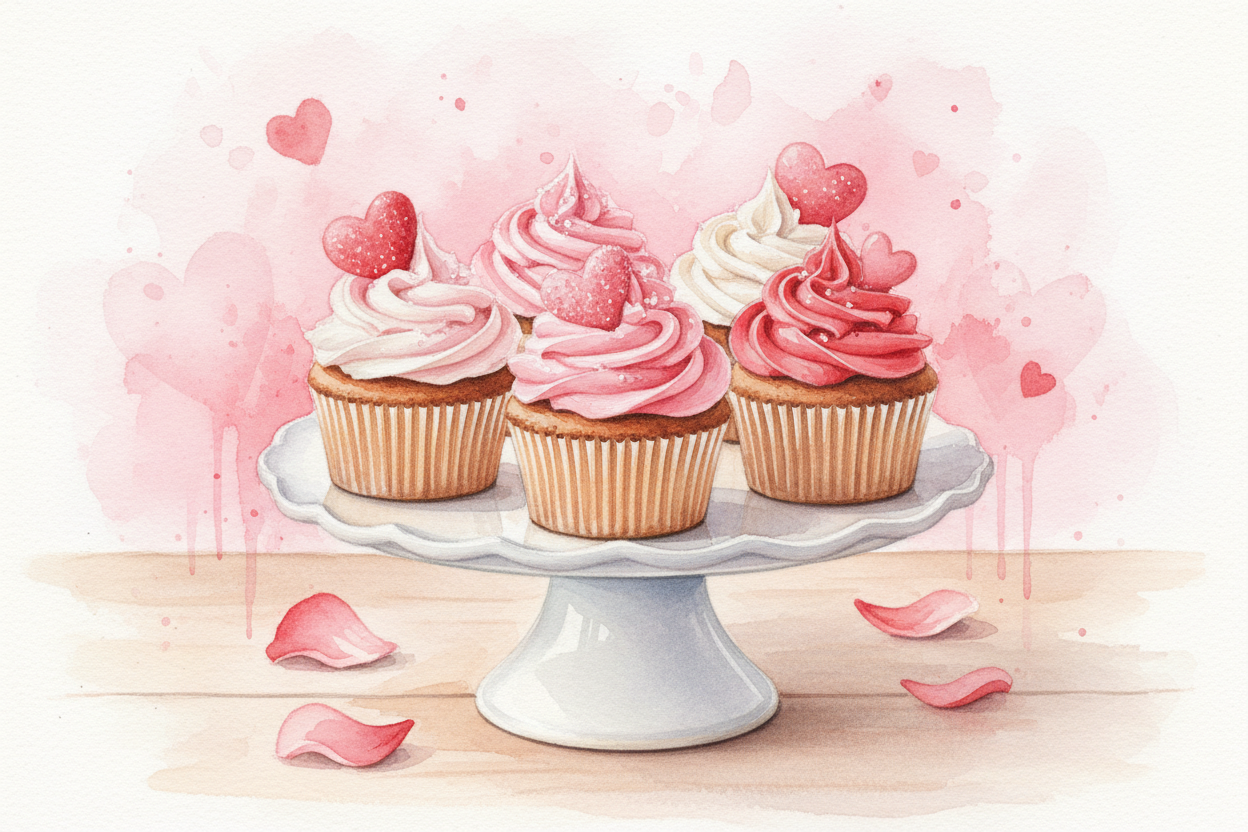 watercolor Valentine's Day cupcakes with buttercream frosting