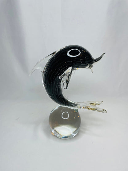 Murano Blown Glass Black/Grey Scaled Design Dolphin Paperweight