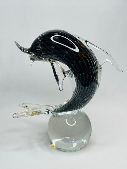 Murano Blown Glass Black/Grey Scaled Design Dolphin Paperweight