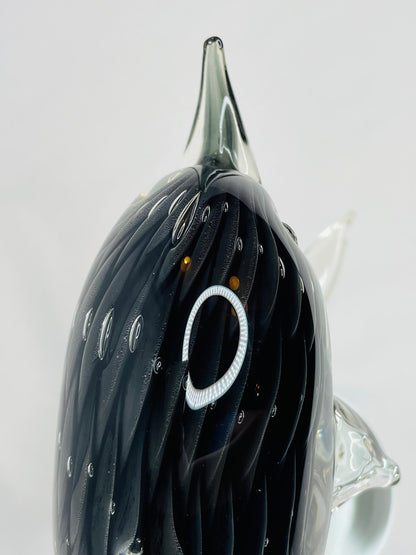 Murano Blown Glass Black/Grey Scaled Design Dolphin Paperweight