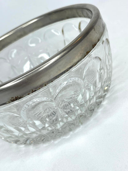 Vintage Glass Cut Silver Rimmed Candy Dish 5”W x 2 1/2”H