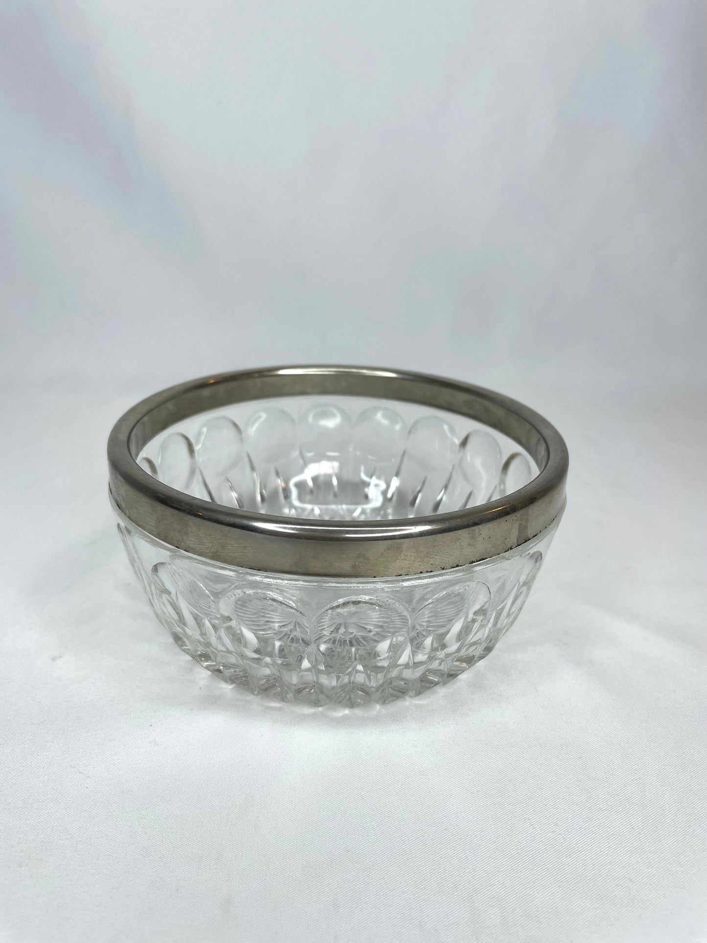 Vintage Glass Cut Silver Rimmed Candy Dish 5”W x 2 1/2”H