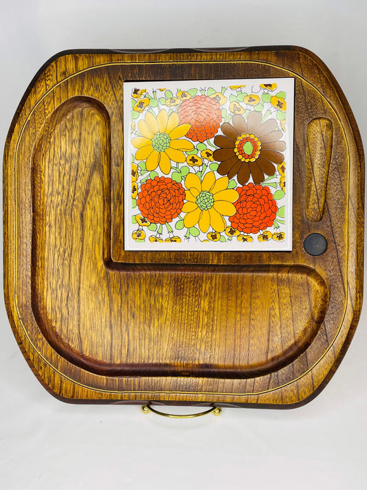 Wooden Serving Tray With Flower Decorated Tile