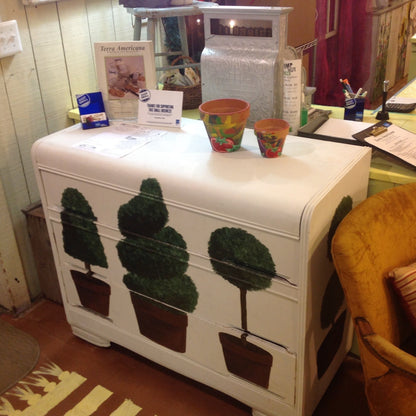 Unique White Painted Topiary Decor Wooden Dresser/Credenza