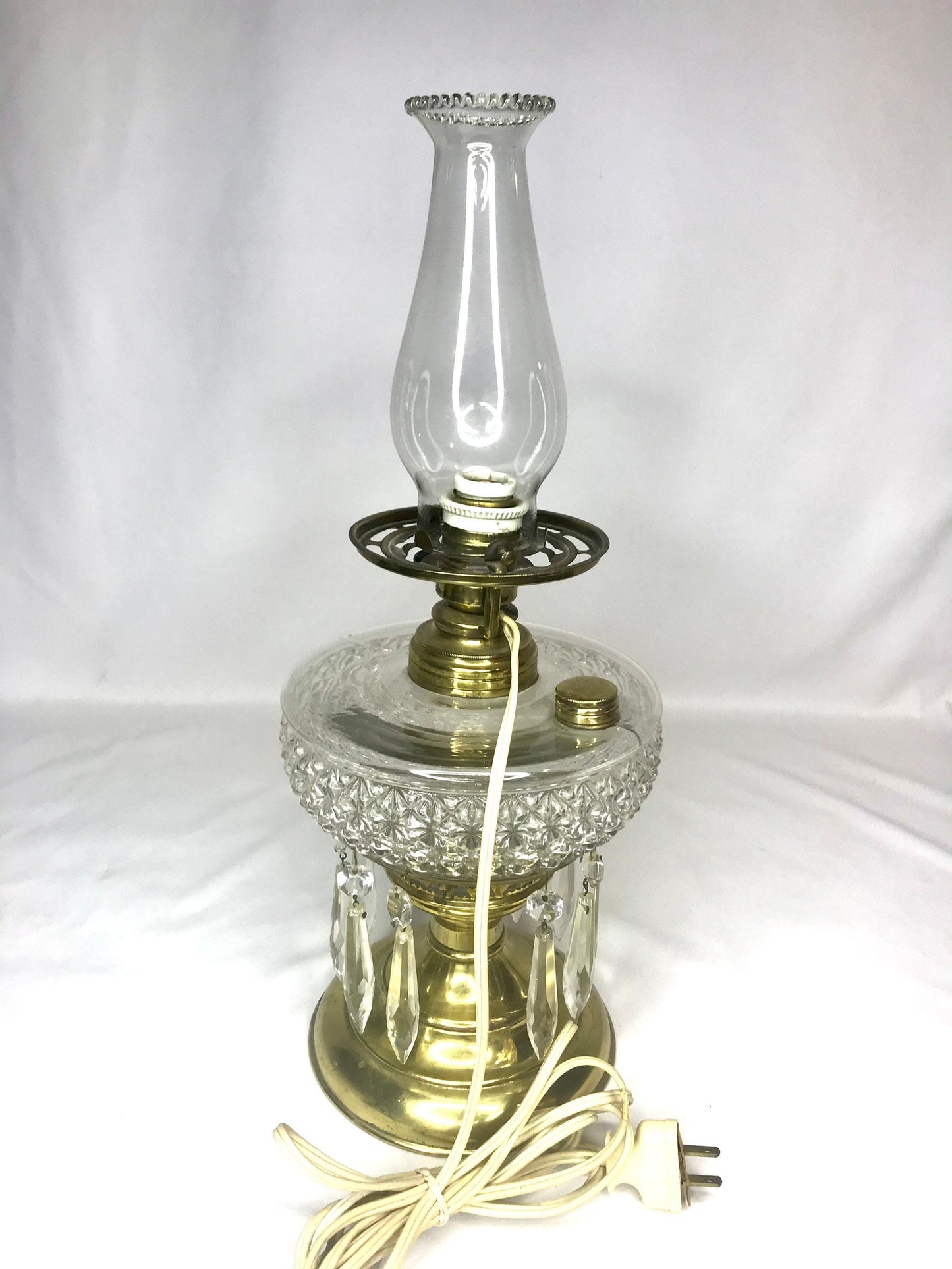 Vintage brass & glass oil/kerosene lamp with hurricane shade modified to electric