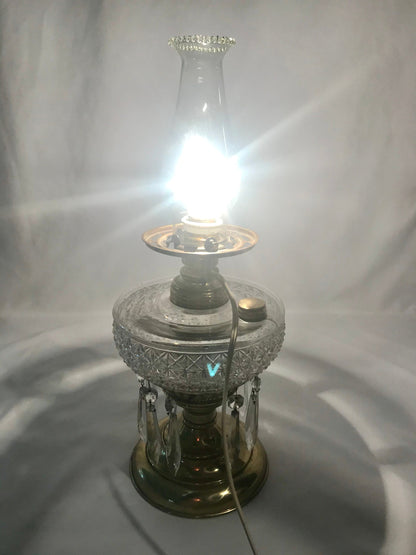 Vintage brass & glass oil/kerosene lamp with hurricane shade modified to electric