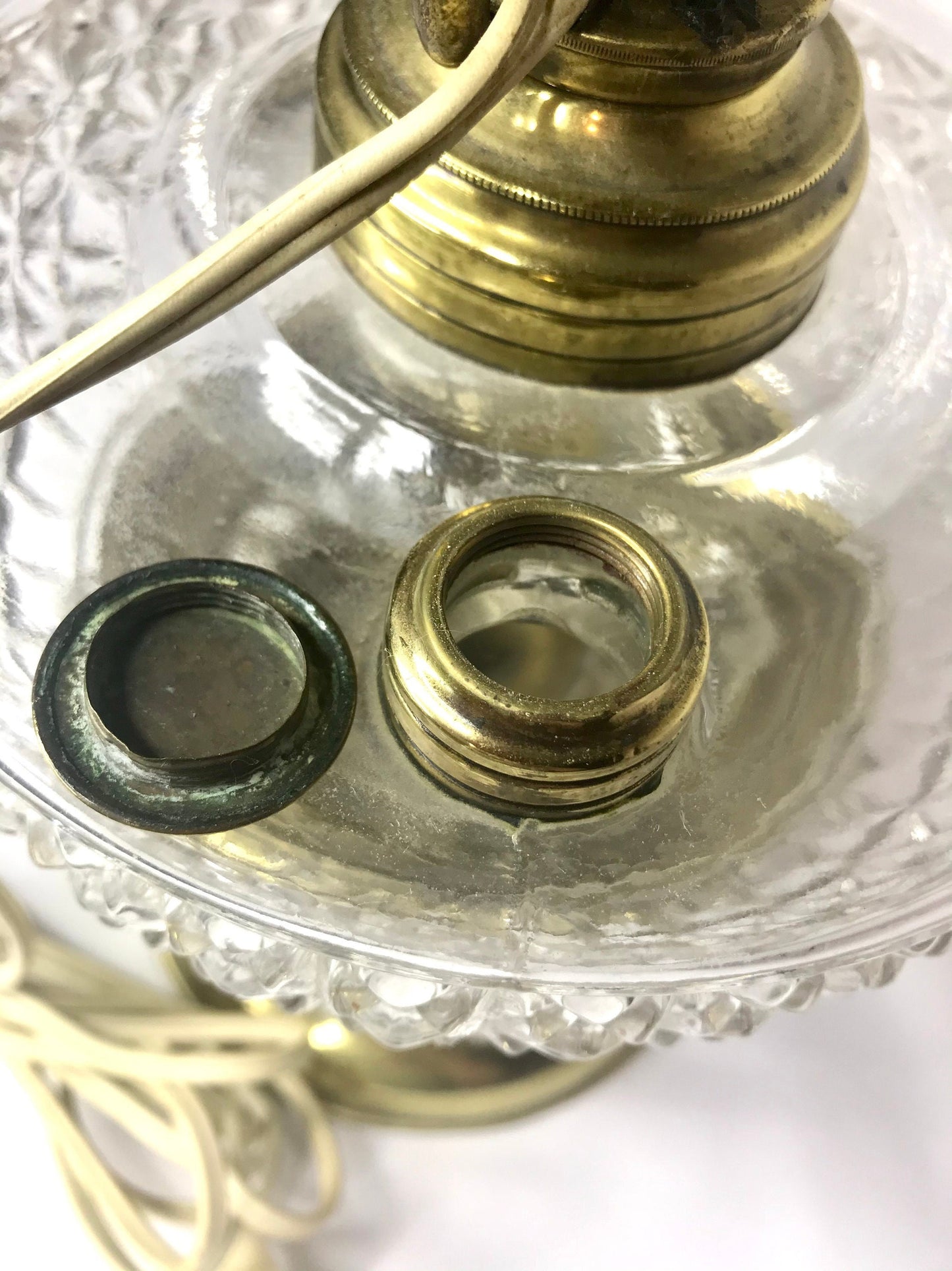 Vintage brass & glass oil/kerosene lamp with hurricane shade modified to electric