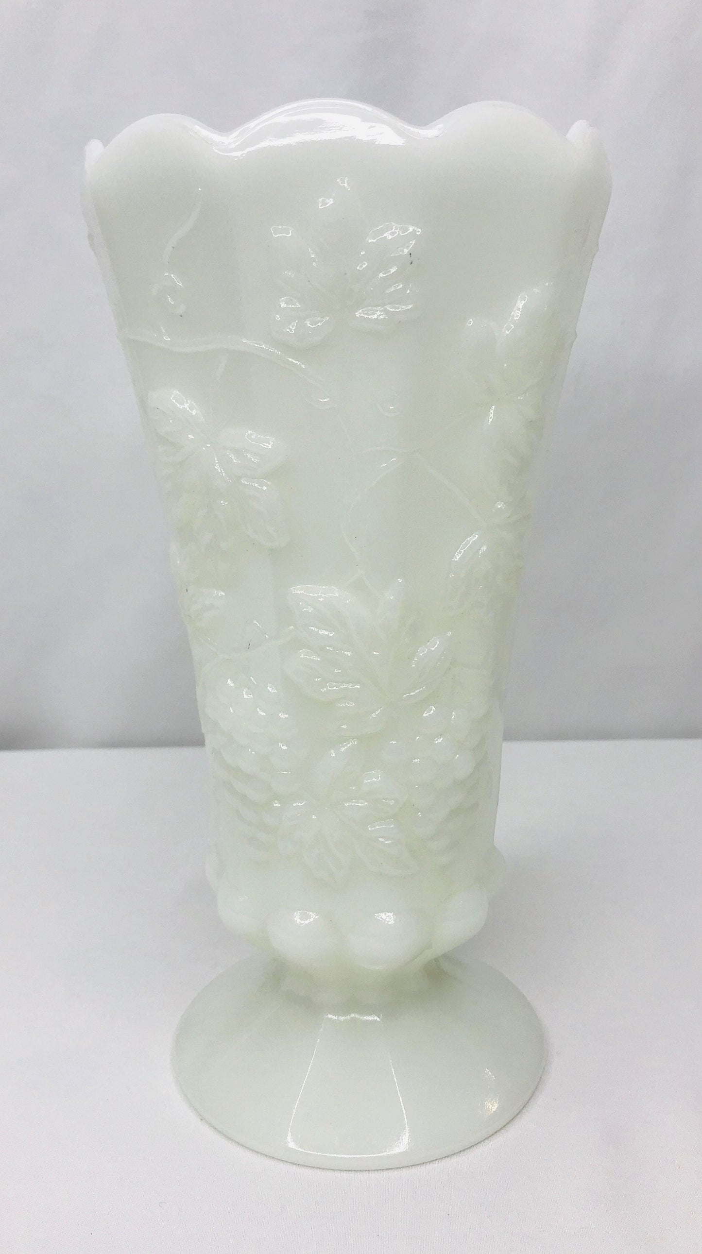 Vintage scalloped grapevine milk glass vase