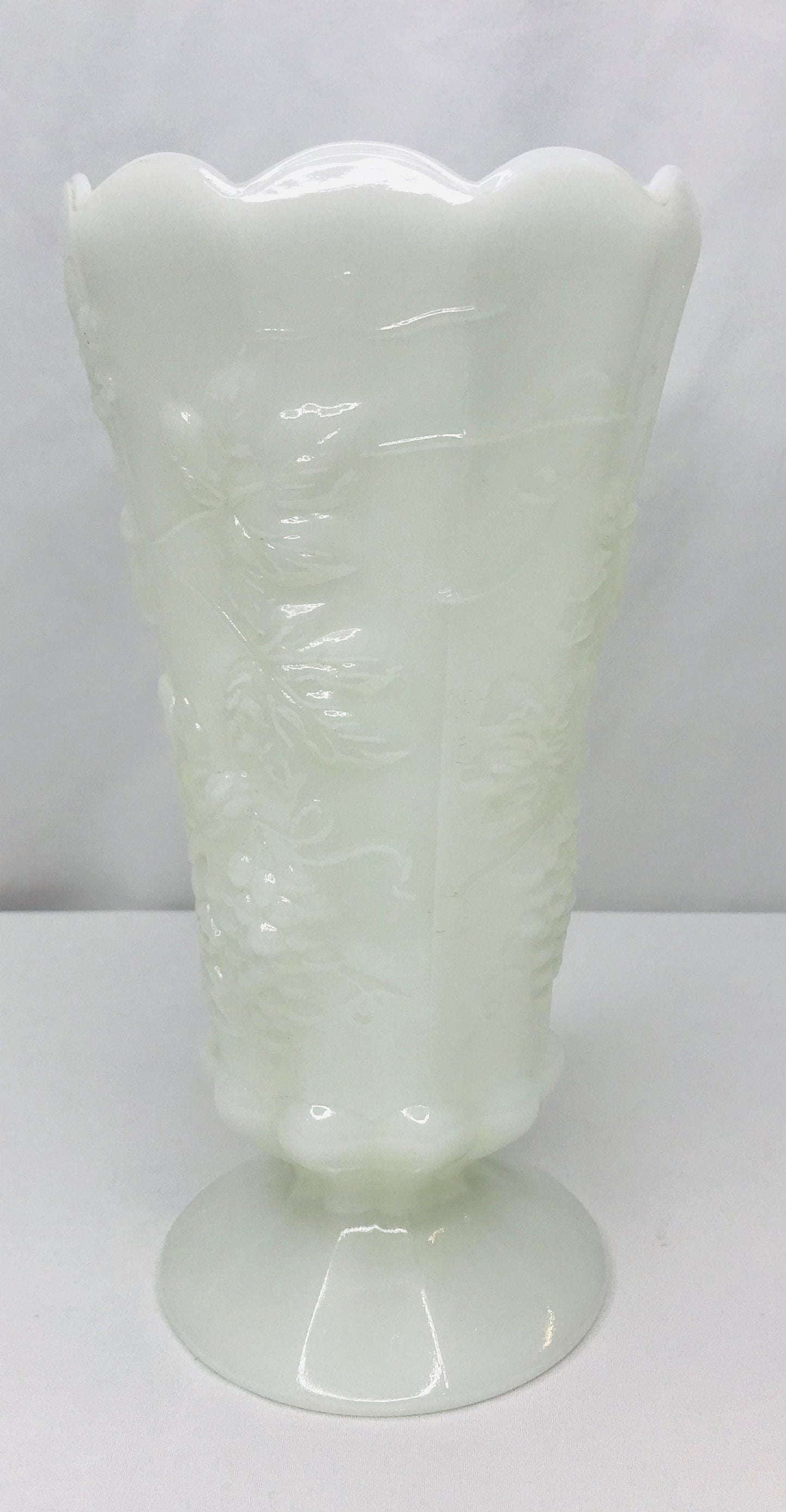 Vintage scalloped grapevine milk glass vase