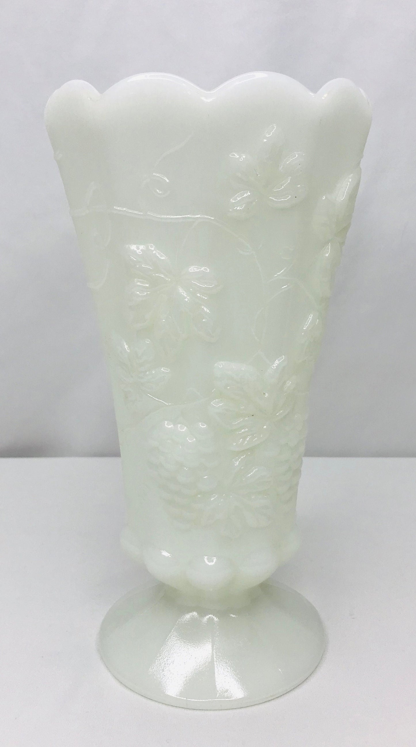 Vintage scalloped grapevine milk glass vase