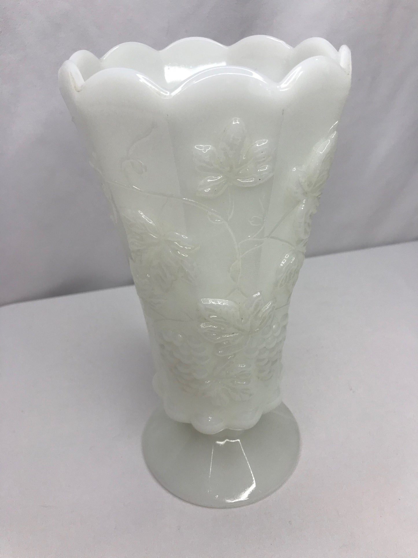 Vintage scalloped grapevine milk glass vase