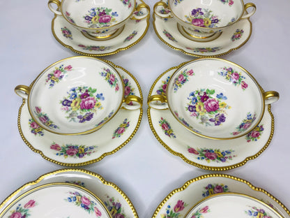 Castleton china castleton rose (6) footed cream soup bowls & (6) saucer set