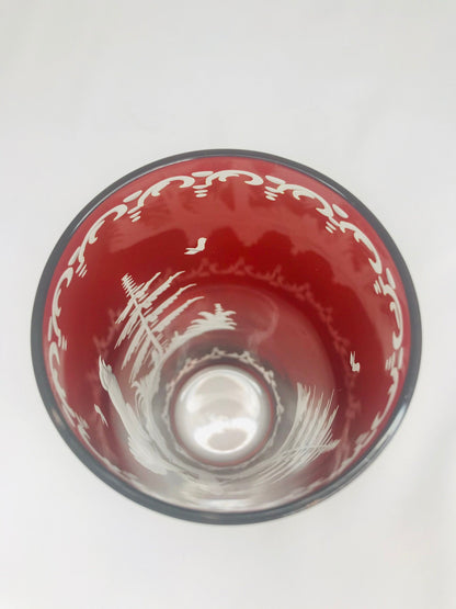 Bohemian Czech glass ruby red etched turkey Christmas trees