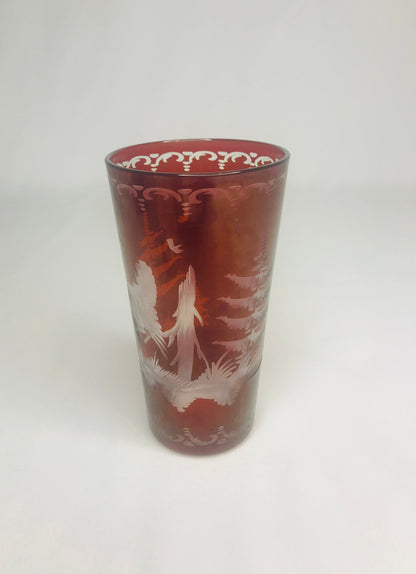 Bohemian Czech glass ruby red etched turkey Christmas trees