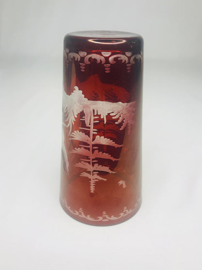 Bohemian Czech glass ruby red etched turkey Christmas trees