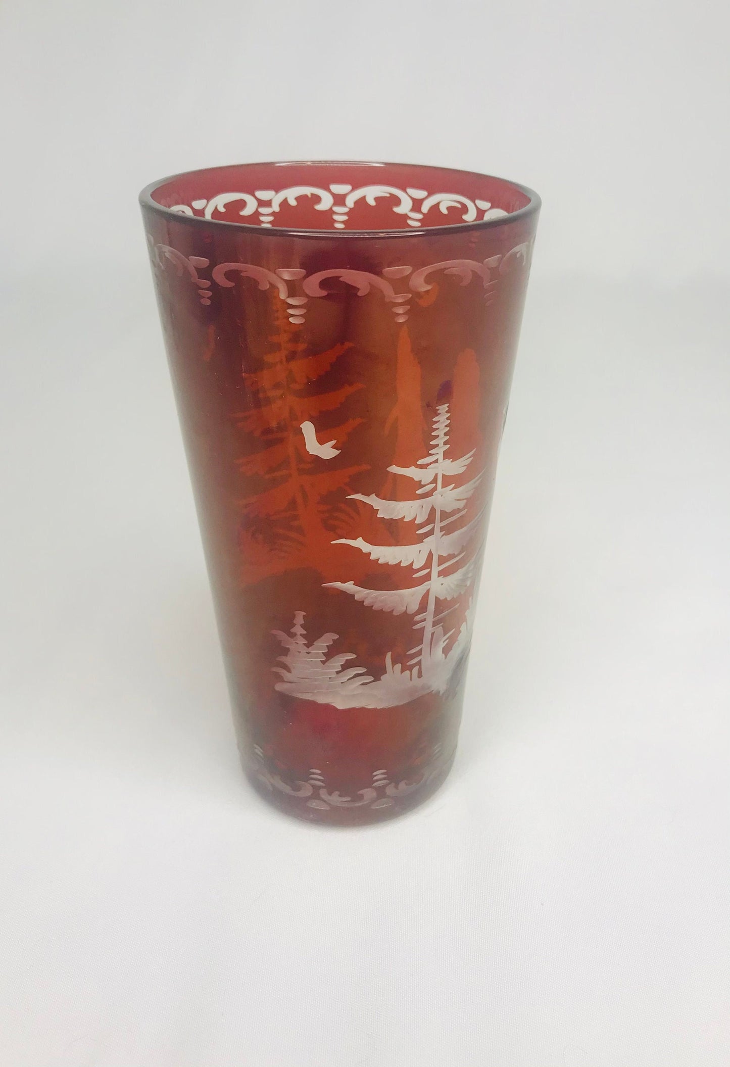 Bohemian Czech glass ruby red etched turkey Christmas trees