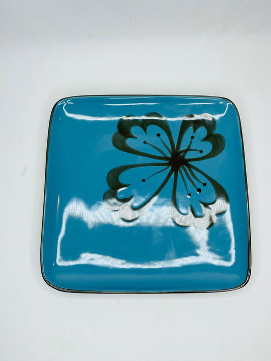 Blue And Brown Square Plate With Flower, Pier 1 Stoneware Exclusive Hibiscus