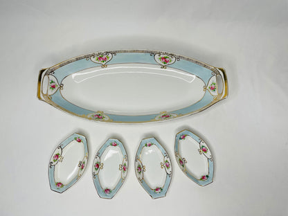 Nippon  Hand Painted Oval Bread Serving Tray/Celery Dish with 4 Dipping Trays