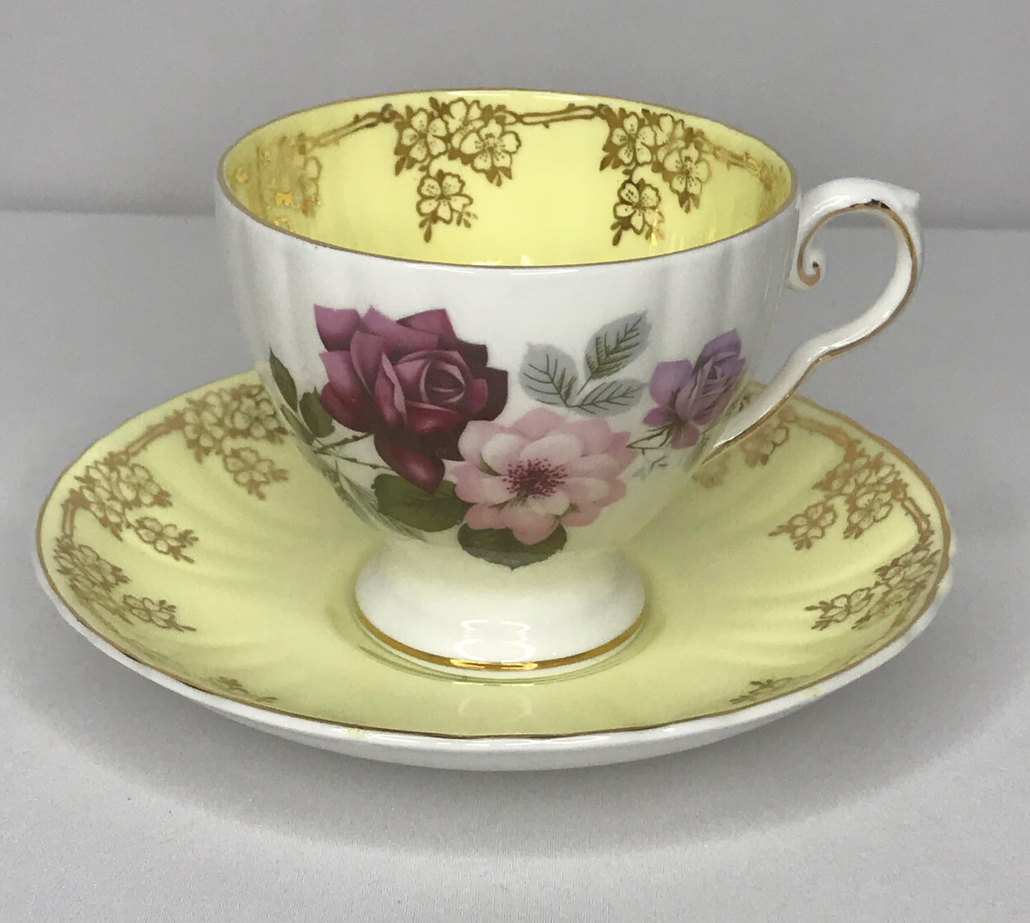 Royal Grafton fine bone china tea cup saucer set white/yellow purple pink floral & gold floral trim